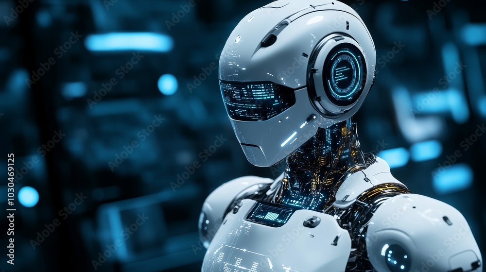 Fototapeta premium Futuristic White Robot with Glowing Blue Lights and Digital Display