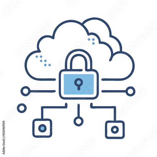 Cloud security icon with lock and network connections in blue outline style