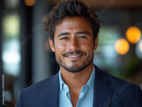 confident young latino businessman exuding elegance and professionalism, standing proudly in an office setting, embodying leadership and ambition with a warm smile and approachable demeanor