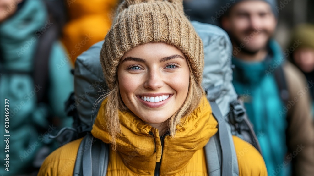 Happy Woman Smiling in Warm Clothing While Hiking with a Backpack Happy Woman Smiling in Warm Clothing While Hiking with a Backpack