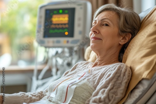 Dialysis patient connected to machine, serene expression