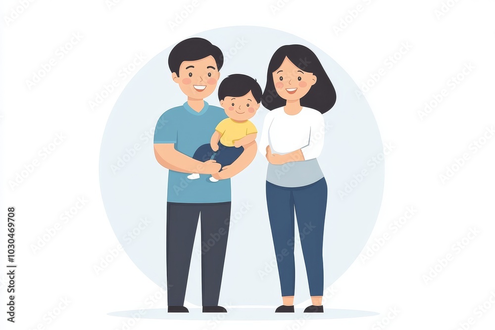 Smiling family of three emphasizing love connection and happiness in a minimalistic cheerful illustration with soft colors and simple lines Smiling family of three emphasizing love connection and happiness in a minimalistic cheerful illustration with soft colors and simple lines