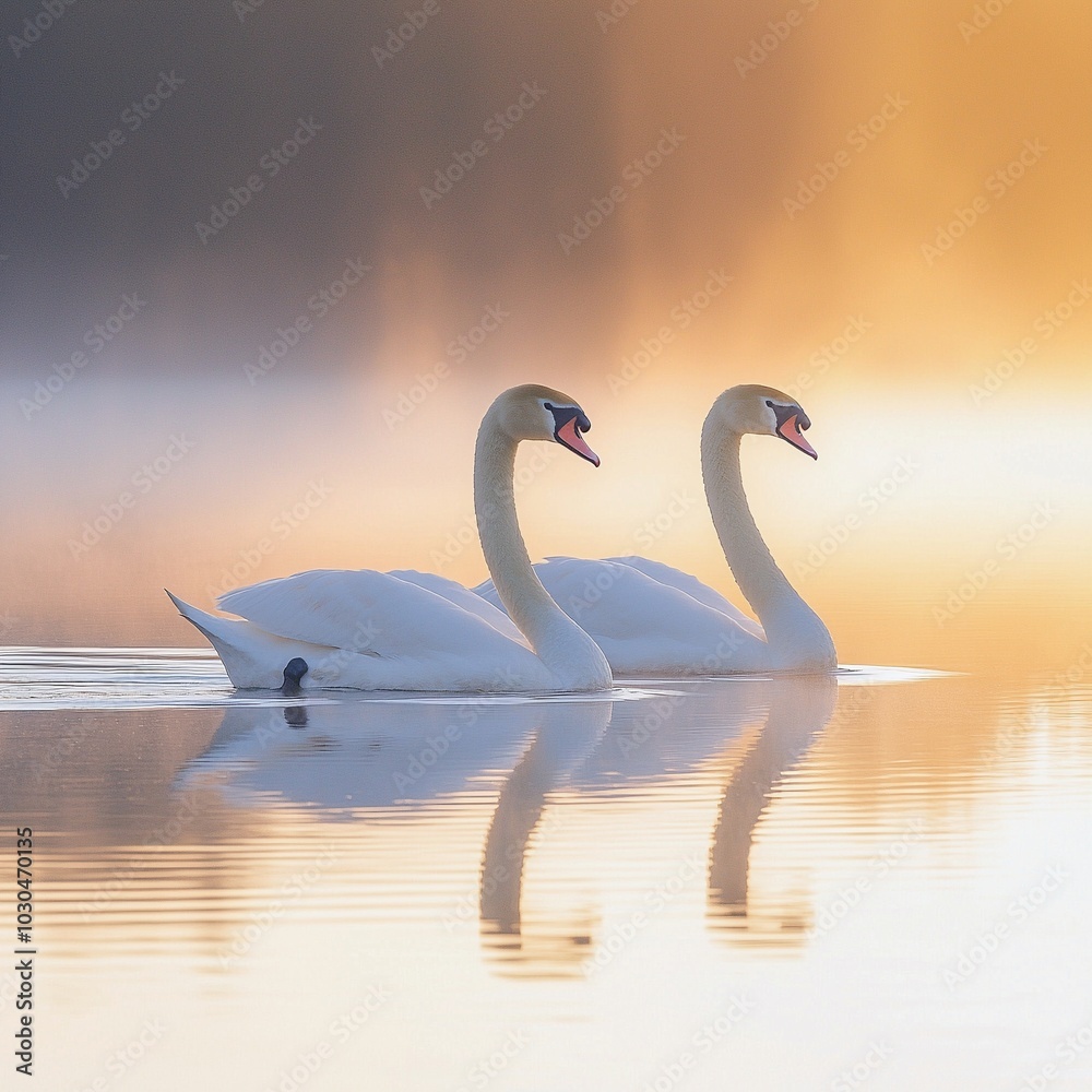 Fototapeta premium Serene Swans at Sunrise: A Beautiful Reflection on a Calm Lake