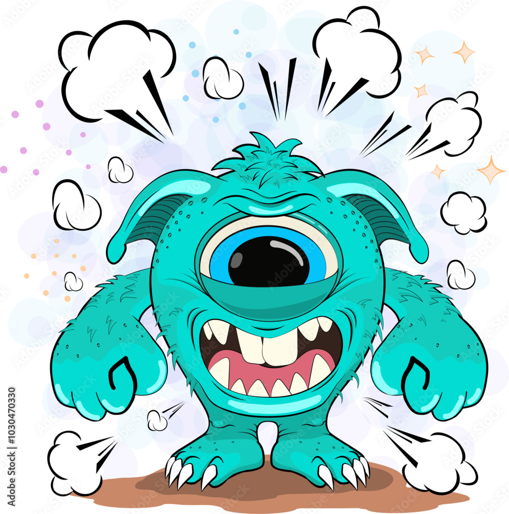 Fototapeta premium Cartoon One Eyed Monster. Illustration of a cartoon one-eyed monster against a background of dust and stars.