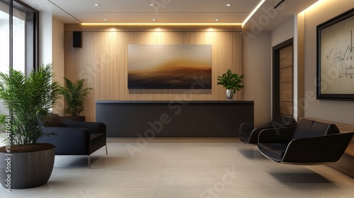 An elegant waiting area in a modern clinic with art and plants