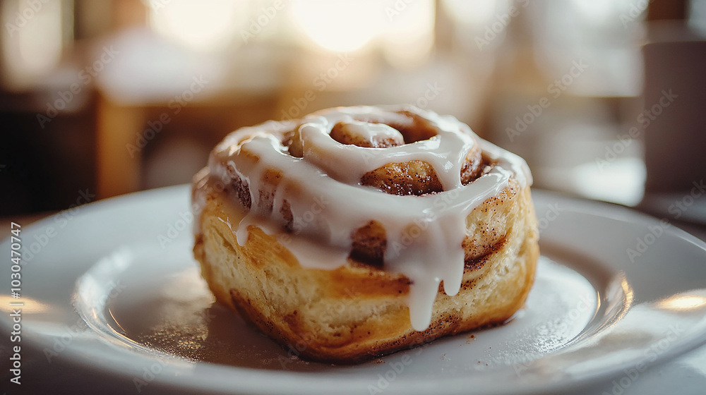 Close-up of a freshly baked cinnamon roll with icing Close-up of a freshly baked cinnamon roll with icing