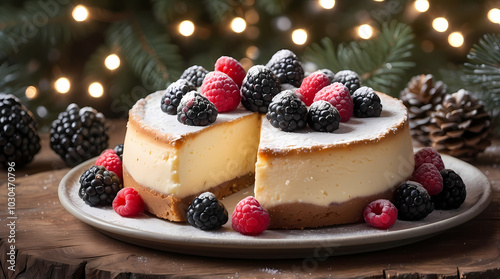 Festive Cheesecake with Fresh Berries and Holiday Decoration