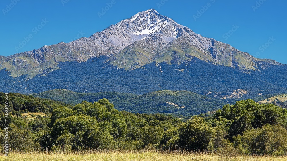 Obraz premium Majestic Mountain Peak with Forest and Grassland Landscape