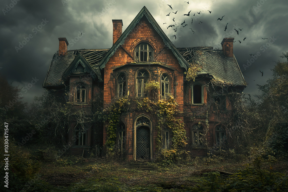 Haunted Abandoned Mansion with Overgrown Vines and Flying Bats at Dusk Haunted Abandoned Mansion with Overgrown Vines and Flying Bats at Dusk