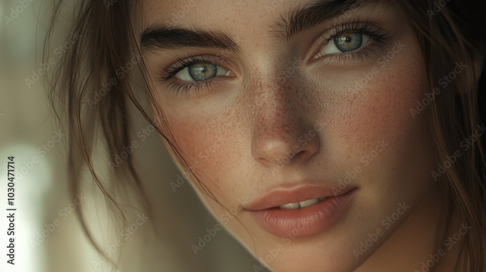 Fototapeta premium Close-Up Portrait of a Young Woman with Freckles