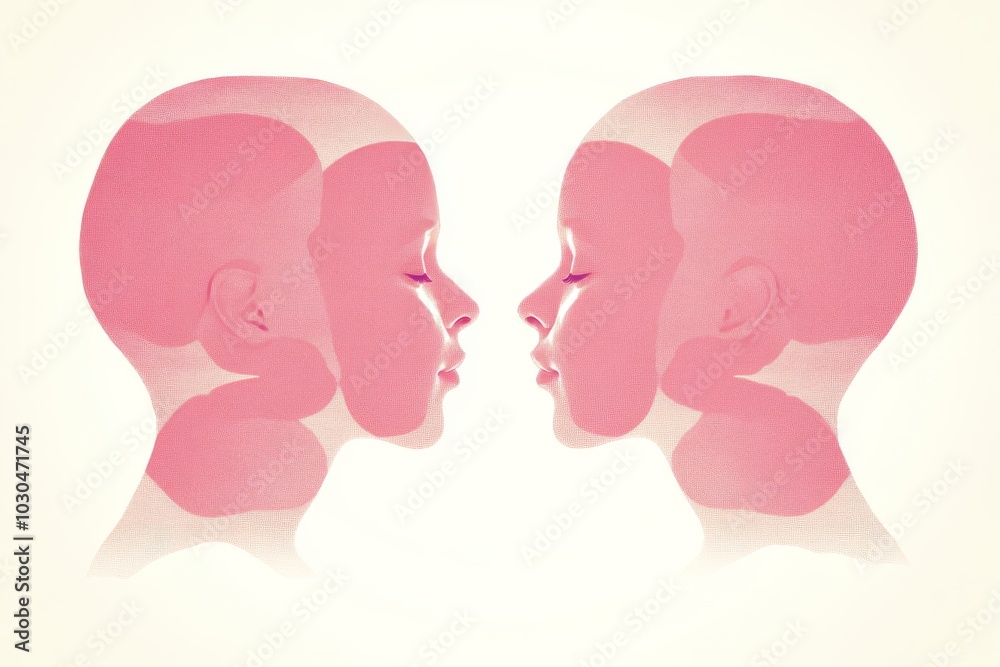Abstract illustration of two heads in pink tones symbolizing connection conversation and reflection in a modern minimalist design with smooth clean lines Abstract illustration of two heads in pink tones symbolizing connection conversation and reflection in a modern minimalist design with smooth clean lines