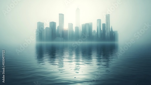 Cityscape Skyline Emerging From Foggy Water