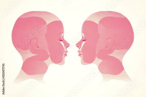 Abstract illustration of two heads in pink tones symbolizing connection conversation and reflection in a modern minimalist design with smooth clean lines