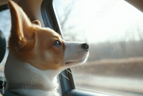A dog is looking out the window of a car. The dog is brown and white