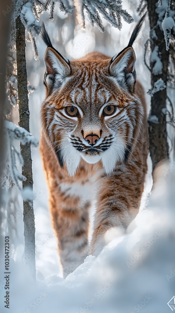 Fototapeta premium Majestic Lynx Stalking Through a Snowy Forest in Winter's Soft Light