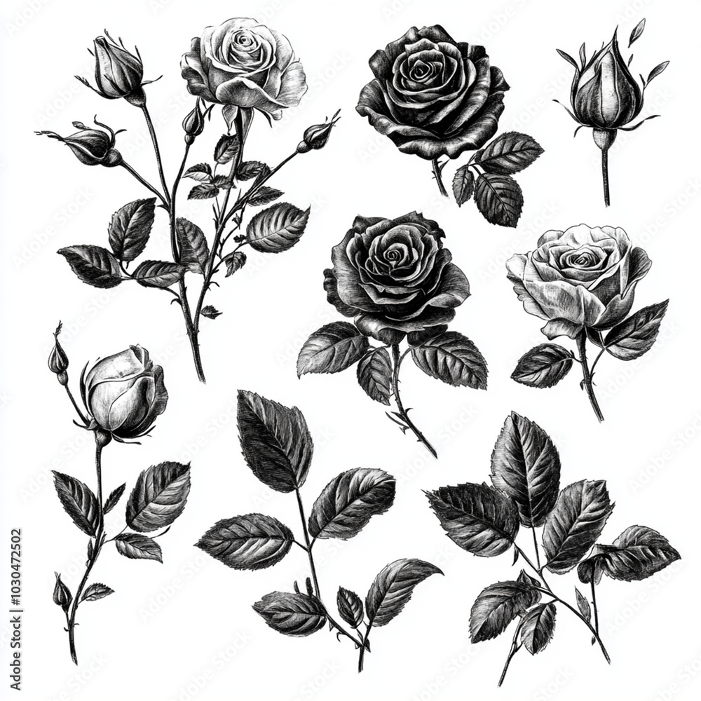 Intricate Rose and Leaf Tattoo Set: Timeless Floral Elegance in Detailed Black and White Sketch Intricate Rose and Leaf Tattoo Set: Timeless Floral Elegance in Detailed Black and White Sketch