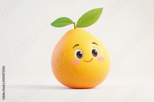 A cartoon orange with a leaf on top of it