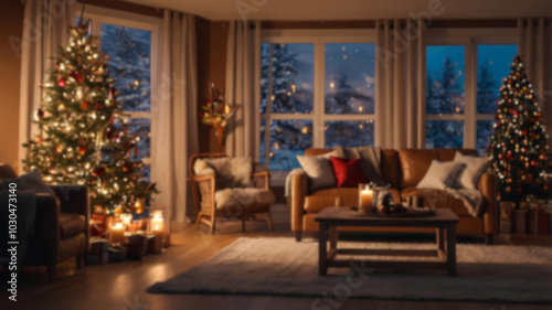 Beautiful blurred interior of a living room decorated for Christmas in warm cozy brown tones.