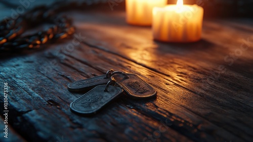 Close-up of military dog tags lying on a weathered wooden table beside a candlelit vigil photo