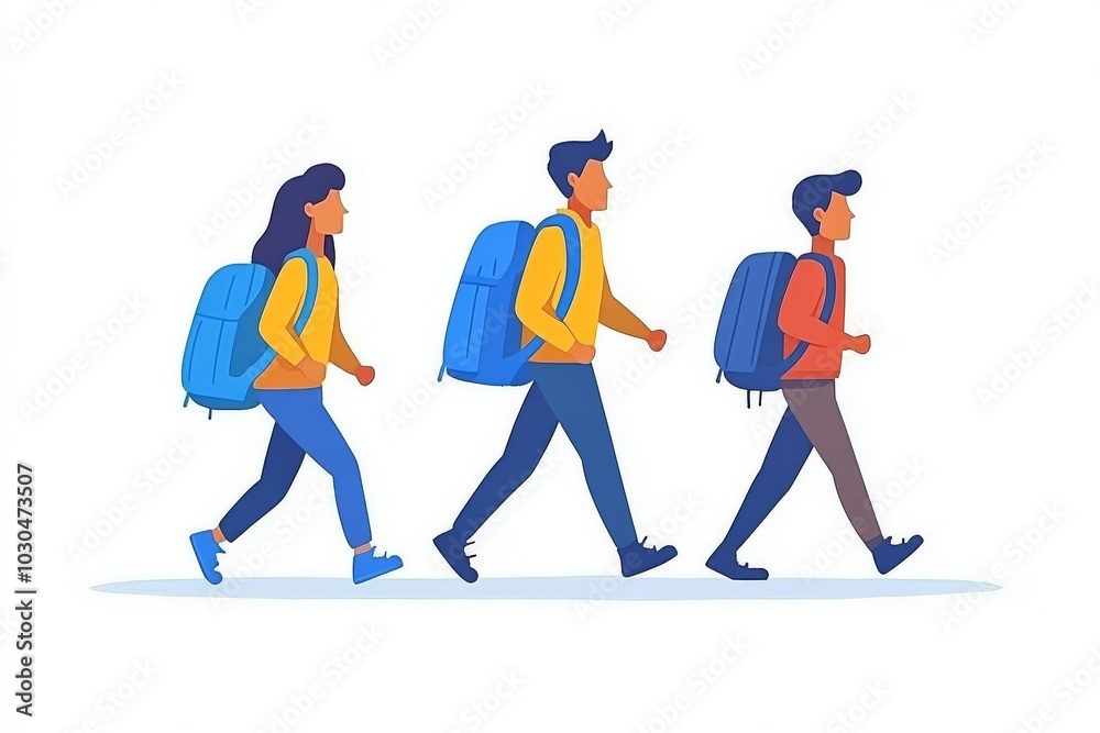 Fototapeta premium Group of hikers walking with backpacks symbolizing adventure teamwork and exploration in a colorful nature inspired illustration with vibrant tones and clean lines