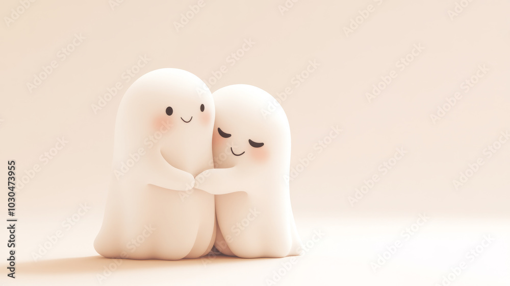 Two cute cartoon ghosts holding hands with smiling faces in soft, glowing light. Minimalist digital illustration with warm, smooth background. Halloween theme and friendship concept. Two cute cartoon ghosts holding hands with smiling faces in soft, glowing light. Minimalist digital illustration with warm, smooth background. Halloween theme and friendship concept.
