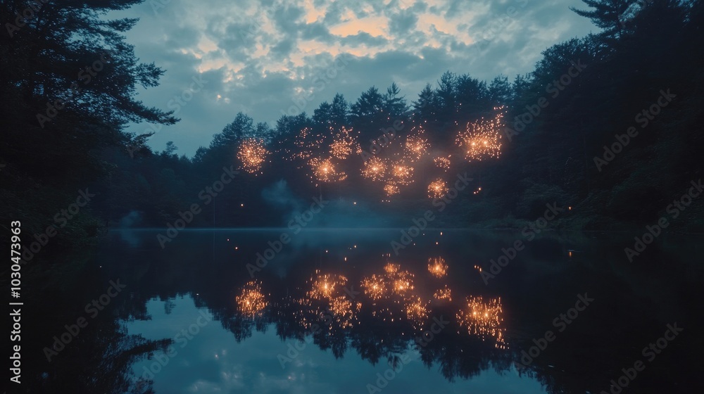 Explosive fireworks reflecting off a quiet lake, each burst illuminating the trees around the shoreline Explosive fireworks reflecting off a quiet lake, each burst illuminating the trees around the shoreline