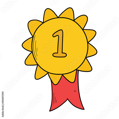 Hand drawn cartoon gold medal first place on white background.