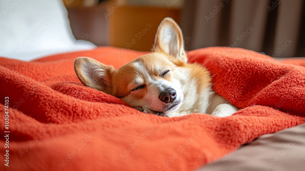 Corgi dog resting on a red blanket in a cozy room. Warm lighting with soft focus on the pet. Relaxation and comfort concept. Design for pet posters, banners, greeting cards. Corgi dog resting on a red blanket in a cozy room. Warm lighting with soft focus on the pet. Relaxation and comfort concept. Design for pet posters, banners, greeting cards.