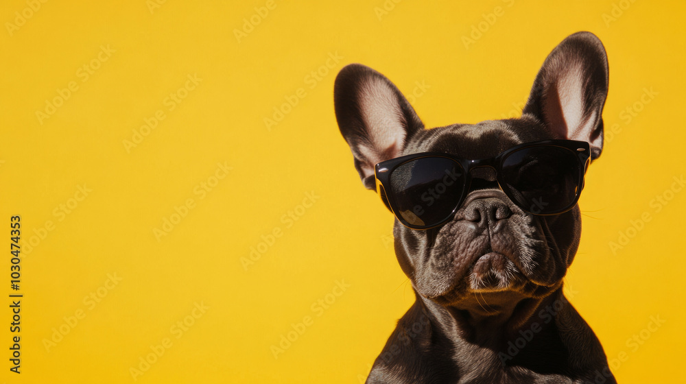 French Bulldog wearing sunglasses against a yellow background with copy space. Fun pet portrait for design and print. French Bulldog wearing sunglasses against a yellow background with copy space. Fun pet portrait for design and print.
