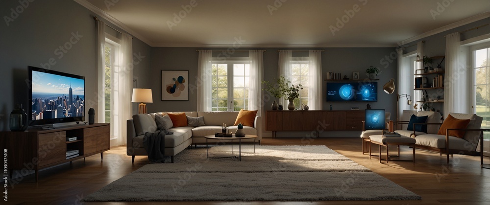 illustrate the concept of the Internet of Things with an image of a smart home, featuring various connected devices and appliances, shot from a low angle with a wide-angle lens to showcase the entire illustrate the concept of the Internet of Things with an image of a smart home, featuring various connected devices and appliances, shot from a low angle with a wide-angle lens to showcase the entire