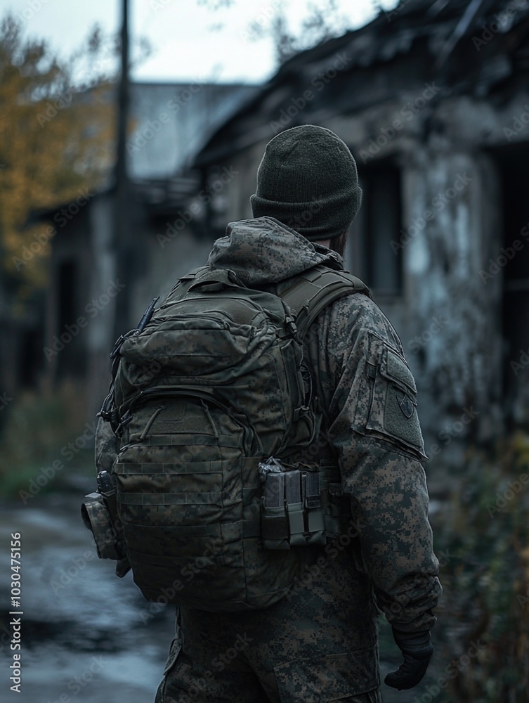 Grizzled Soldier in Combat Gear Walking Through Abandoned Village Grizzled Soldier in Combat Gear Walking Through Abandoned Village