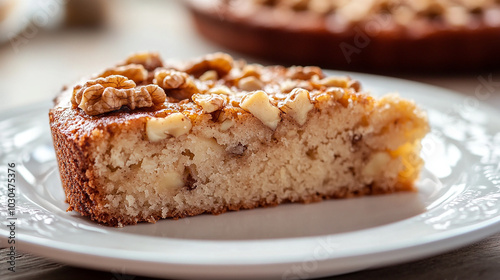 Close-up of a slice of banana cake with walnuts