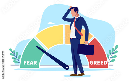 Market fear and greed index - businessman investor person standing scratching head looking at stock market indicator showing fear and uncertainty in economy and finances. Flat design illustration