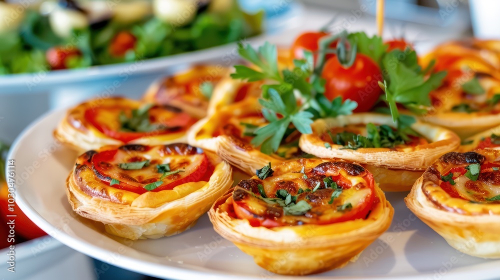 Close-up of Tomato and Cheese Mini Quiches with Parsley Garnish Close-up of Tomato and Cheese Mini Quiches with Parsley Garnish