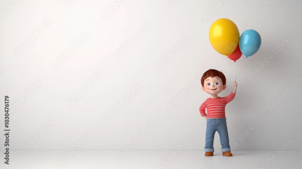 Happy Cartoon Boy Holding Balloons Against White Wall Happy Cartoon Boy Holding Balloons Against White Wall