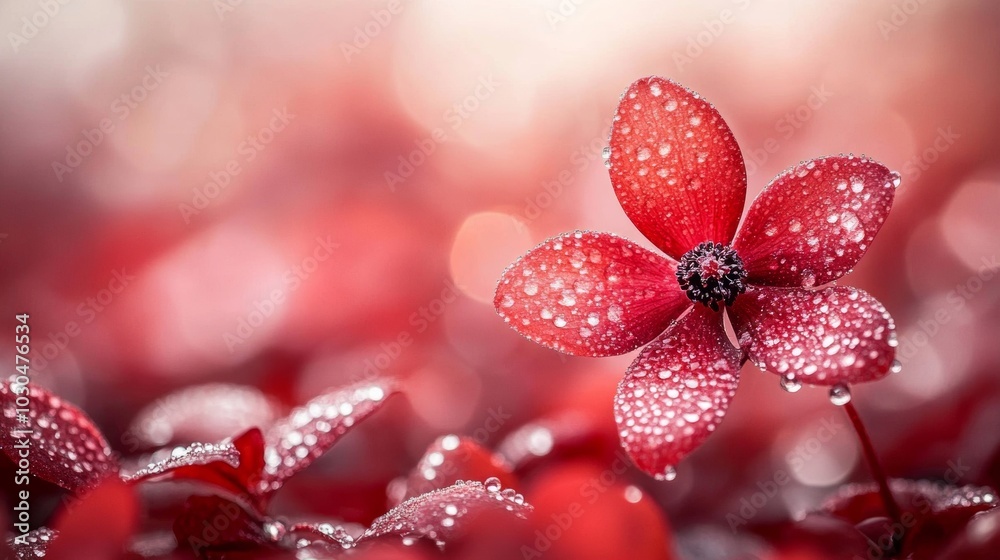 Red Flower with Dew Drops Macro Photography Nature Spring Bloom Floral Background Red Flower with Dew Drops Macro Photography Nature Spring Bloom Floral Background