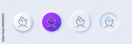 Depression treatment line icon. Neumorphic, Purple gradient, 3d pin buttons. Headache pill sign. Mental health symbol. Line icons. Neumorphic buttons with outline signs. Vector