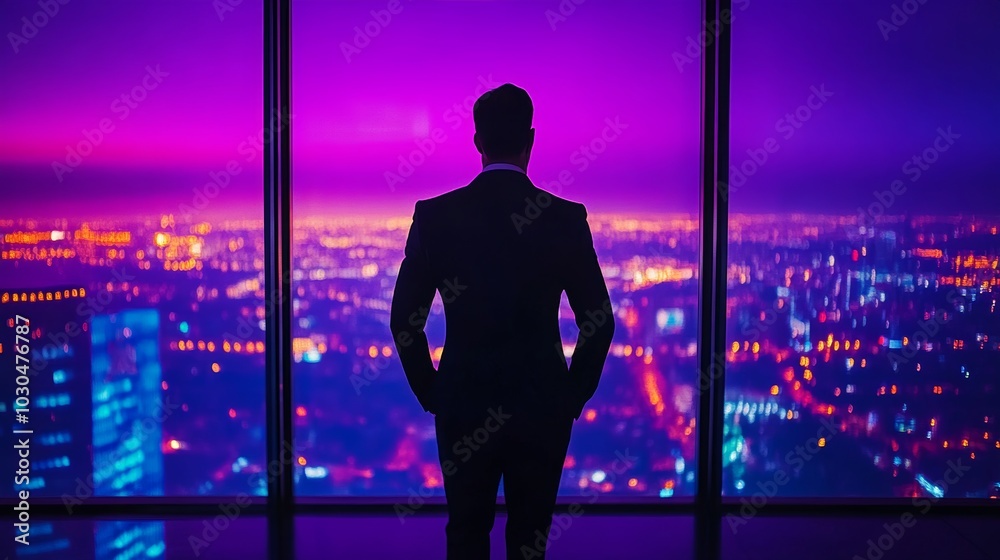 Silhouette of a Man in a Suit Looking Out at Night Cityscape Silhouette of a Man in a Suit Looking Out at Night Cityscape