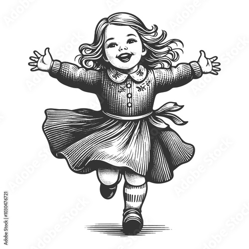 joyful little girl running with open arms, smiling and carefree, capturing the essence of childhood happiness and innocence sketch engraving generative ai vector illustration. Black and white image.