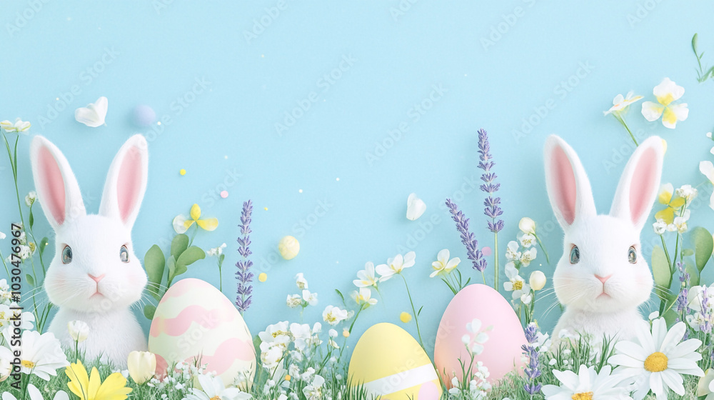 Easter Bunny with Eggs and Flowers on Blue Background Easter Bunny with Eggs and Flowers on Blue Background