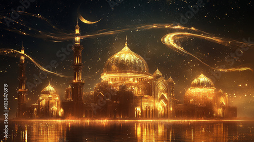 Golden Mosque at Night with Crescent Moon and Stars