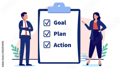Businesspeople with strategy on white clipboard - Two people writing checklist and plan for goals and action in business, standing and smiling together as a team. Flat design vector stock illustration