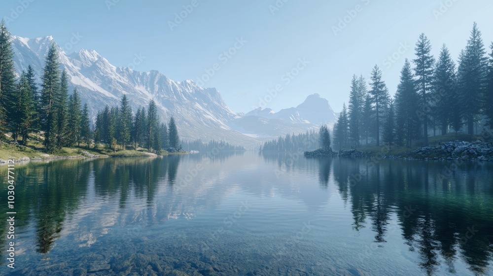 Serene Alpine Lake Landscape with Pine Trees and Mountain Reflections, Perfect for Nature and Travel Themes Generative AI Serene Alpine Lake Landscape with Pine Trees and Mountain Reflections, Perfect for Nature and Travel Themes Generative AI