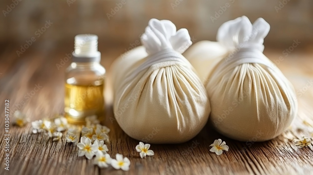 Spa Treatment with Herbal Compress Balls and Oil Bottle on Wooden Table Spa Treatment with Herbal Compress Balls and Oil Bottle on Wooden Table