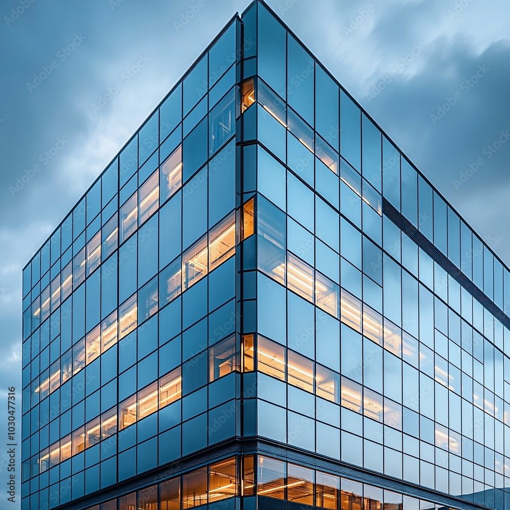Modern Office Building with Reflective Glass Panels on a Cloudy Day Modern Office Building with Reflective Glass Panels on a Cloudy Day