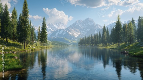 Serene Alpine Lake Landscape with Pine Trees and Mountain Reflections, Perfect for Nature and Travel Themes Generative AI