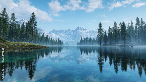 Serene Alpine Lake Landscape with Pine Trees and Mountain Reflection Generative AI