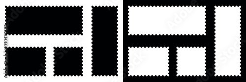 Collection of postage stamp fill frames. Vector illustration isolated in black and white color.