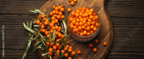 Sea buckthorn ripe berries in glass jar and branches with leaves top view on dark wooden rustic background, great for skin, heart, vessels and immune system..