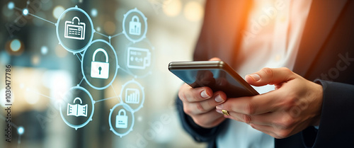 Businessman hand Using mobile phone to connect Financial and banking networking digital online marketing on modern interface icons on strategy
